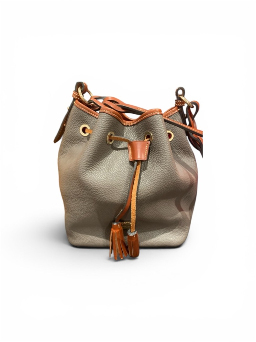 Dooney & Bourke Gray Pebbled Leather Bucket Bag with Brown Trim